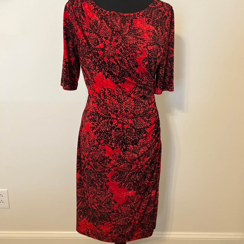 Black & Red Large Print Knit Dress Elbow Length Sleeves by Connected Apparel